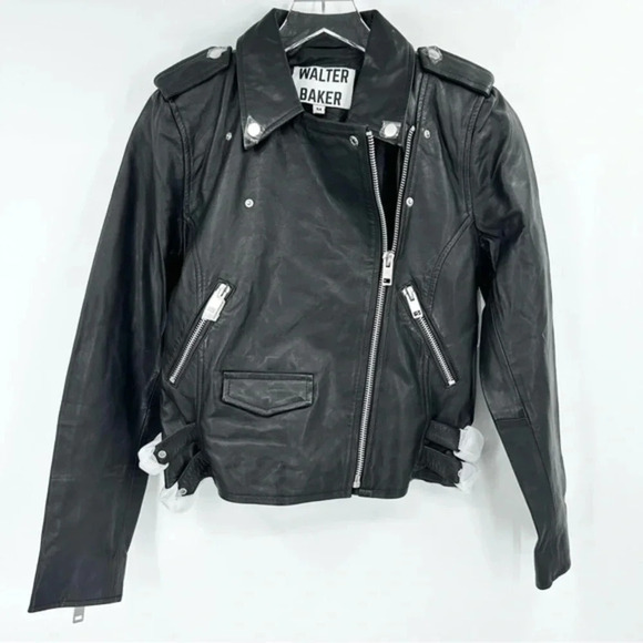 WALTER BAKER Liz Lamb Leather Crop Moto Jacket Black Size Medium ($698) B1685 - Picture 3 of 6
